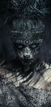 This phone live wallpaper showcases a Gothic-inspired image of a woman wearing a crown of thorns and adorned with elaborate patterned makeup
