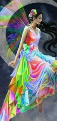 Get ready to add some enchantment to your phone's background with this live wallpaper featuring a woman in a vibrant dress soaring over the moon