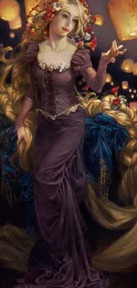 This live phone wallpaper showcases a stunning painting of a blonde-haired woman draped in purple and gold silk