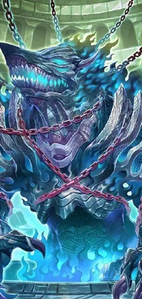 This live wallpaper features a giant monster with ice powers and crystalized scales, held captive by thick glowing chains