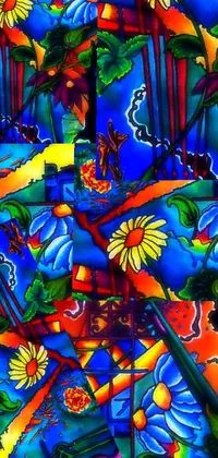 This live wallpaper for your phone features a close-up of a colorful painting on a wall, infused with psychedelic art and fire stained glass elements
