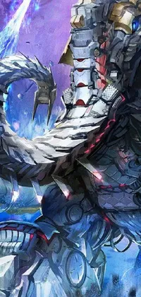 This phone live wallpaper features a giant monster in the sky with intricate mecha armor