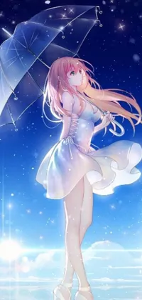 This captivating anime live wallpaper features a gorgeous character donning a long dress with an umbrella in hand, set against a starry background
