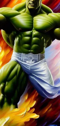 This dynamic live phone wallpaper features a fierce and muscular hulk painted in bright and vibrant colors, with eye-catching flames in the background