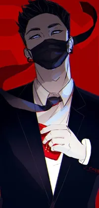 This phone live wallpaper depicts a suave and mysterious man wearing a black suit, tie, and a fascinating mask