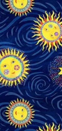 This live wallpaper features a charming naive art style with suns, stars, and a blue fabric-inspired background