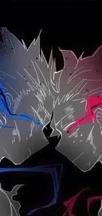 This phone live wallpaper features two anime characters in a confrontational stance, set against an intense background of red and blue black light