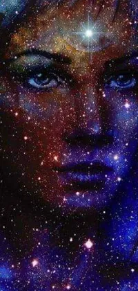 This mobile live wallpaper features an eye-catching painting of a woman's face surrounded by stars