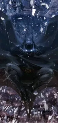 If you're a fan of the caped crusader, you'll love this phone live wallpaper! The stunning artwork showcases an iconic Batman figure standing on snow-covered terrain against a Bat-Signal-filled sky