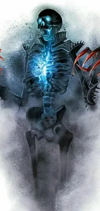This live wallpaper depicts a detailed drawing of a skeleton holding a vibrant blue light that glows against a smoky background