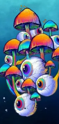 This captivating phone live wallpaper showcases a group of vibrant and whimsical mushrooms stacked on top of each other
