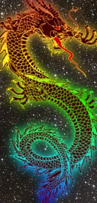 This phone live wallpaper features a beautiful close-up of a Chinese dragon set against a magnificent galaxy background