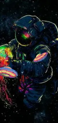 This stunning live wallpaper features a man in a space suit holding a frisbee against a mesmerizing space art background