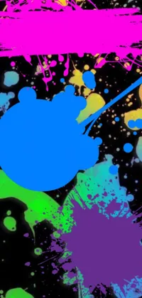Enhance your phone's display with this lively live wallpaper featuring vibrant paint splatters against a sleek black backdrop