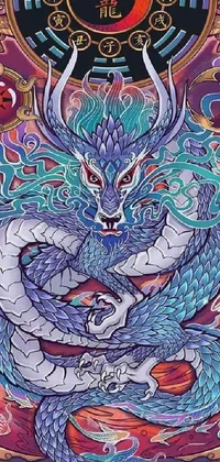 This live phone wallpaper features an ultra-fine, detailed painting of a dragon in an abstract, psychedelic style