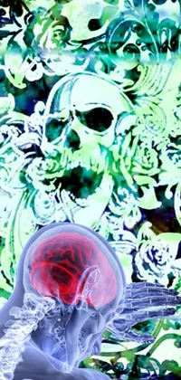 This digital live wallpaper showcases vivid close-up imagery of a striking red rose held in someone's hand with intricate and captivating art inspired by organic elements: skulls made up of algae, an op art brain with mesmerizing shapes, a banner with intriguing text and a surrealistic brain perceived as if in a vat