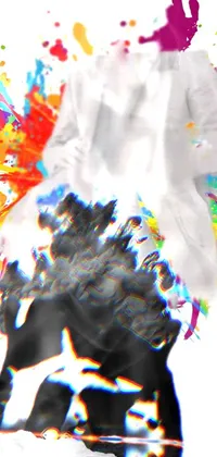 This live phone wallpaper features a man in business attire standing in front of paint splatters and a pop art painting