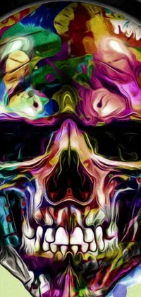 This mesmerizing phone live wallpaper features a skull donning headphones, painted in psychedelic digital art