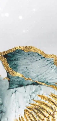 This phone live wallpaper showcases a stunning close-up of a bed with a fern leaf, artfully designed in a baroque style with gold and teal accents