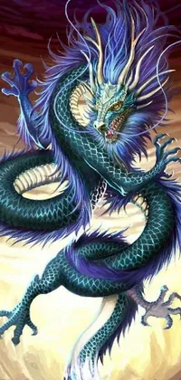 This phone live wallpaper features a stunning Chinese-style painting of a blue dragon flying menacingly over serene waters, with serpent-like nagas adding to the fantasy element