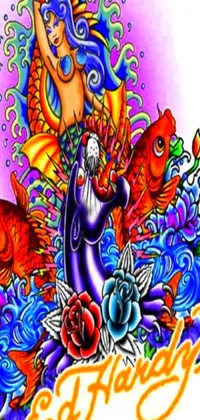 This phone live wallpaper features a stunningly intricate tattoo design of a mermaid and fish in a psychedelic art style