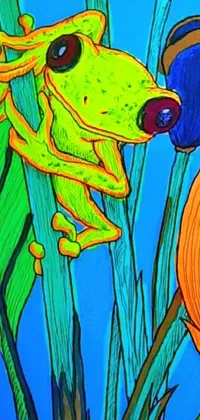 This lively phone live wallpaper features a whimsical drawing of a frog surrounded by vibrant flowers in a psychedelic art style
