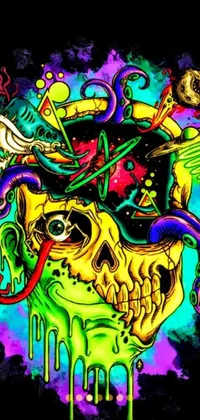 This mobile live wallpaper features a distinctive digital painting of a skull over a black backdrop, perfect for lovers of trippy, psychedelic art