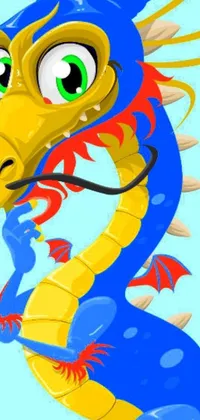 This phone live wallpaper features a stunning vector artwork of a blue and yellow dragon with green eyes, set against a vibrant blue background
