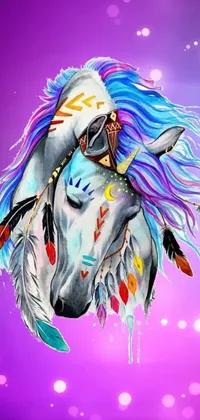 This beautiful live wallpaper depicts a white silver horse adorned with colorful feathers in its mane and tail, set against a vibrant gradient background of pink, purple, and blue hues