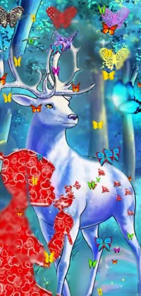 This live wallpaper features a vibrant painting of a woman and a deer in a lush forest