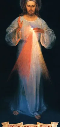 Get this stunning live wallpaper for your phone! Featuring a beautiful painting of Jesus, captured in a centered image displaying his arms extended and emanating a glowing aura