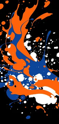 This live phone wallpaper features an action painting design with vibrant orange and blue paint splatters on a crisp white background