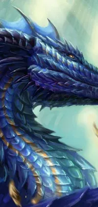 This phone live wallpaper showcases a beautiful close-up of a blue dragon's head against a backdrop of scales