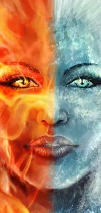 This live wallpaper features a stunning digital artwork of a woman with fire and ice elements