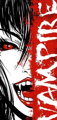 This live wallpaper features a striking black and white gothic illustration of a woman with red eyes and sharp vampire teeth