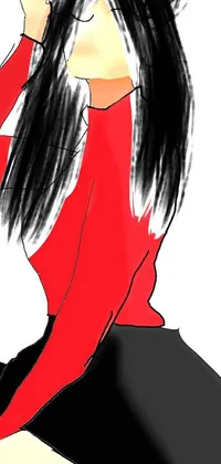 This live wallpaper displays an enchanting illustration of a woman with long, black hair wearing a red sweater and grey pants