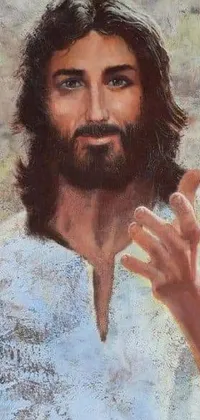 This phone live wallpaper depicts a bearded man with long hair, painted in intricate detail against a metaphysical background