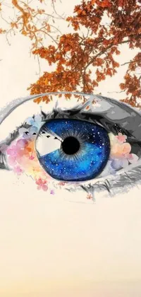 This live wallpaper features a close-up of an eye with a galaxy in the iris and a beautiful tree with flowers in the background