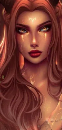 This phone live wallpaper showcases an enchanting illustration of a woman with horns on her head and orange skin, complemented by fiery long hair and eyes ablaze with fire