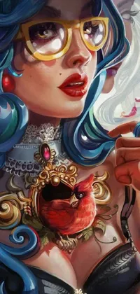 This stunning live wallpaper features a pop surrealism painting of a woman with blue hair and glasses
