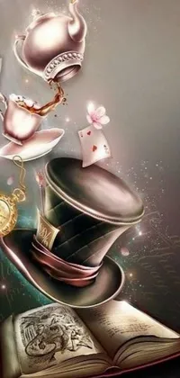 Immerse yourself in a fantastical world with this stunning live wallpaper! Featuring a black background and a vibrant image of a hat resting on a book, this piece is a work of digital art that is both whimsical and unique