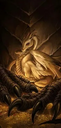 This live wallpaper depicts a fearsome dragon sitting atop a pile of gleaming gold coins in a nest