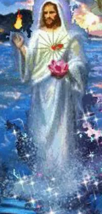 This stunning wallpaper depicts a tranquil painting of a spiritual figure walking on water, holding a lit candle and a white dove
