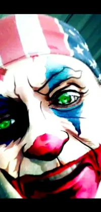 This phone live wallpaper displays a detailed close-up of a clown's face with striking green eyes