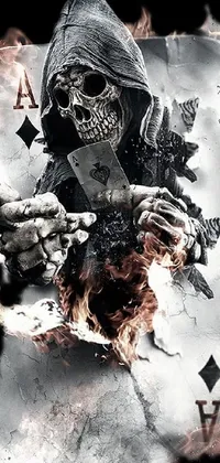 This live wallpaper features a black and white photo of a skeleton playing cards