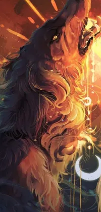 This phone live wallpaper depicts a furry dog sitting in water surrounded by moon sparkles while a golden sun rises in the background, resulting in a beautiful and peaceful image