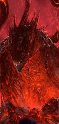 This phone live wallpaper depicts a fierce and fiery demonic creature in epic fantasy card game concept art