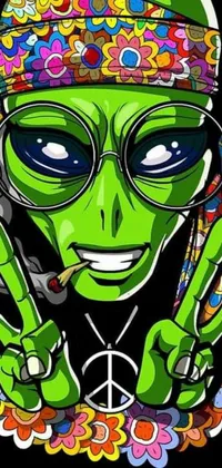 This phone live wallpaper showcases a cheerful green alien wearing stylish glasses and flashing peace signs