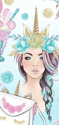 This phone live wallpaper features a delightful illustration of a girl with a unicorn hat surrounded by pastel blues and pinks