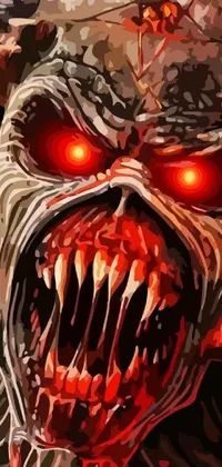 This live phone wallpaper features a highly detailed demonic face in a heavy metal art style